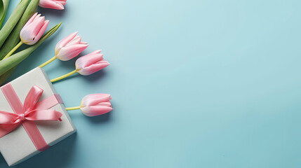 Mother's Day, Top View Photo of Bunch of Pink Tulips Bouquet and Blue Gift Box with Ribbon on Isolated Pastel Blue Background