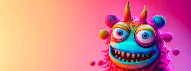 Fototapeta premium fantastical creature with large eyes and colorful fur against a gradient pink and orange background, ideal for an imaginative and playful theme with copy space.