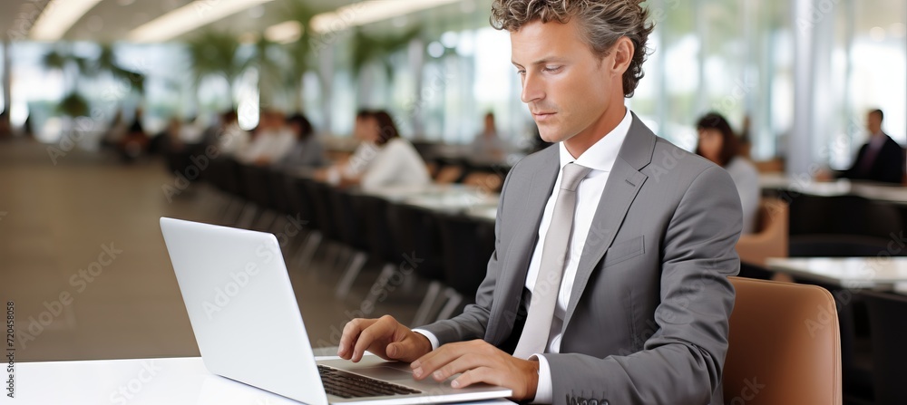 Aufkleber joyful mature businessman looking at laptop computer with empty space for text placement