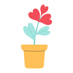Flowers in form heart. Love plant in pot. Vector illustration. Design for Valentines Day. The concept of goodness and love. Happy Valentine. Trendy flat vector illustration