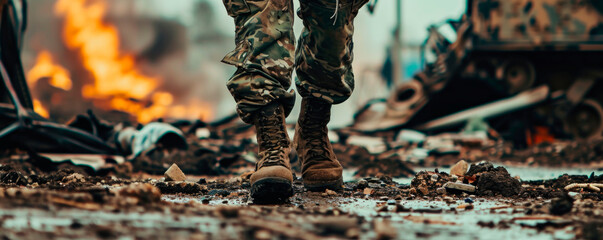 photo of a military man on the battlefield. AI generated. - obrazy, fototapety, plakaty