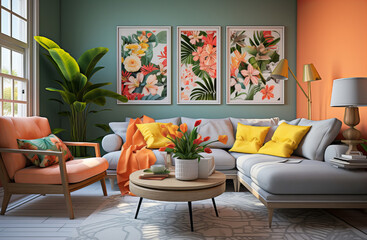 Colorful Modern Living Room Decor, vibrant and cozy living room, well-lit and decorated with an array of colorful flowers and comfortable, stylish furniture
