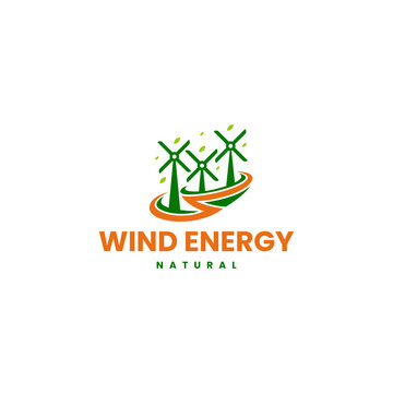 Leaf natural wind turbines logo design vector. Wind turbine and solar panel symbol. Orange & Green clean energy icons. 