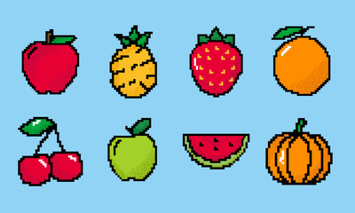 Bundle Pixel Art Fruit Vector Icon Illustration Flat Cartoon Style Suitable for Web and Banner
