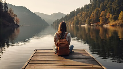 Young Woman Sitting on Deck, Looking to the River. Alone Female, Lonely Travel, Backpack Relaxation, Stunning Reflecting Lake with Beautiful Day, Nature Travel Concept