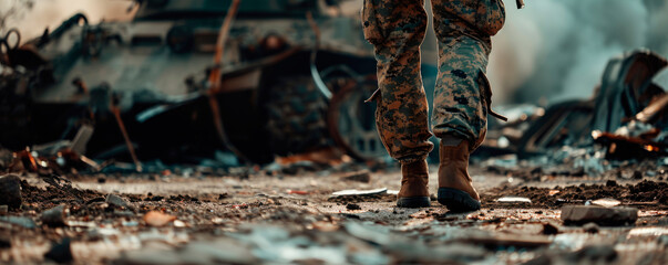 Fototapeta na wymiar photo of a military man on the battlefield. AI generated.