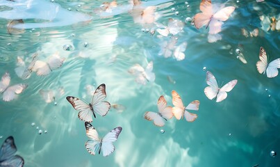 Surreal,top view, there are many turquoise and light pastel pink butterflies on the sparkling white water,beautiful curves,sunlight,spots,reflective cyan,light and shadow. Generative Ai