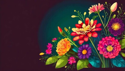 A bouquet of colorful flowers with background and space for text