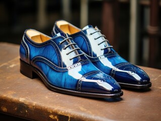 Blue Shoes Resting on Wooden Table