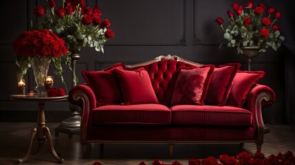 Luxurious Comfort with a Bouquet of Red Roses,volumetric lighting