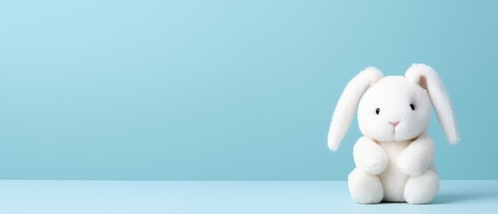 Une peluche lapin sur fond bleu
