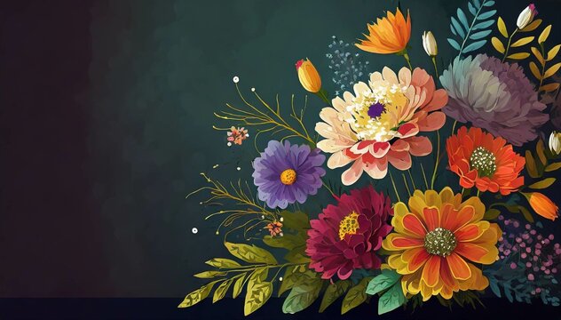 A bouquet of colorful flowers with background and space for text