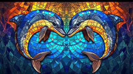 Stained glass window background with colorful dolphin abstract.