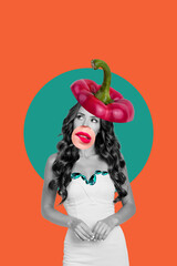 Collage 3d image of pinup pop retro sketch of different face parts beautiful stylish female pepper hat weird freak bizarre unusual fantasy