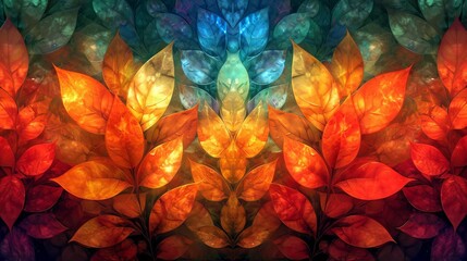 Stained glass window background with colorful Flower and Leaf abstract.	
