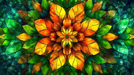 Stained glass window background with colorful Flower and Leaf abstract.	
