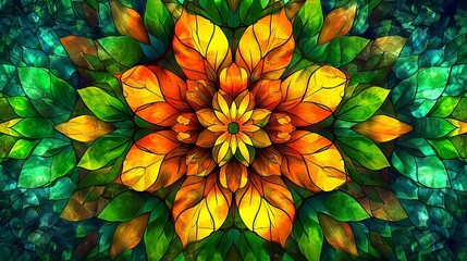 Naklejka premium Stained glass window background with colorful Flower and Leaf abstract. 