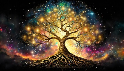 golden tree of life, spiritual symbol, galaxy in background, universe - obrazy, fototapety, plakaty