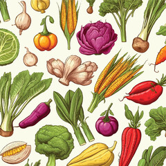 Vegetables hand drawn vector seamless pattern Retro