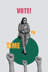 Vertical creative collage image of nervous worker female time to vote campaign raise fists fight rights weird freak bizarre unusual fantasy