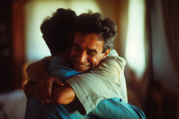 Cheerful mid-adult man and senior father embracing in kitchen. Warm intergenerational moment captured in a familial hug, expressing love and connection.