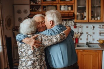 Cheerful mid-adult man and senior father embracing in kitchen. Warm intergenerational moment captured in a familial hug, expressing love and connection.