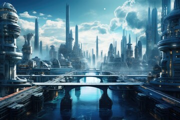 Fototapeta na wymiar Futuristic smart city with towering buildings, Futuristic cityscape creative concept illustration with fantastic skyscrapers, towers, tall buildings, Ai generated