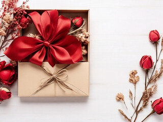 Gift box with red flowers. Birthday, Valentines day, Mother day, Father day present. Greeting card. Top view. Copy space.