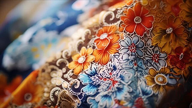 Closeup of exquisite handpainted H batik patterns on a traditional dress.