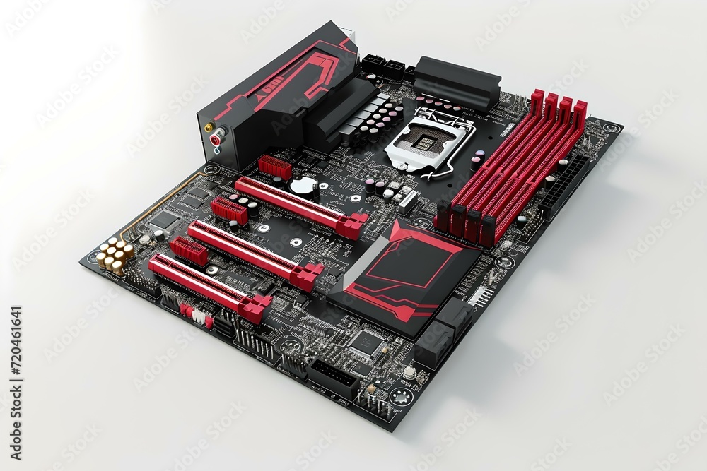 Poster high-performance gaming motherboard in red and black. technical and modern. ideal for computer hardw