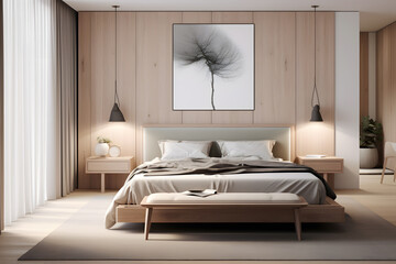 A master bedroom with a minimalist wall mounted vanity