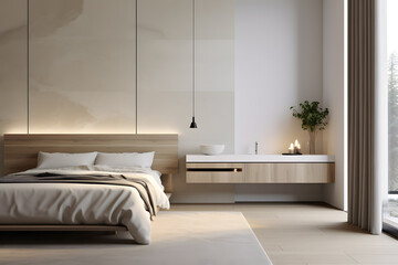 A master bedroom with a minimalist wall mounted vanity