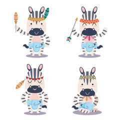 Cartoon Tribal forest animal character. cute Indian animals. cute baby zebra.