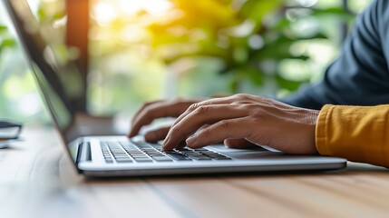 Hand typing on laptop with blurred background and text space, creating a modern office setting.