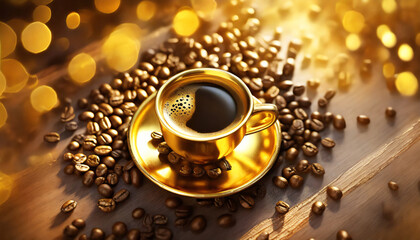 top view of a golden coffee cup with black coffee, beans and golden bokeh