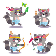 Cartoon Tribal forest animal character. cute Indian animals. cute baby raccoon.	
