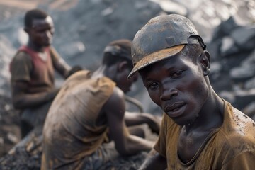Obraz premium African miners working in a mine in Congo. Portrait of hard work by African miners in a scene of perseverance and determination. African men tired from work.