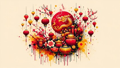 Paint splatter style illustration celebrating vietnamese  lunar new year. Year of the dragon 2024.
