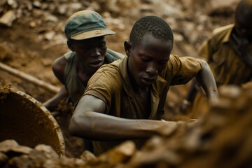 African miners working in a mine in Congo. Portrait of hard work by African miners in a scene of perseverance and determination. African men tired from work. - obrazy, fototapety, plakaty