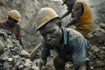 African miners working in a mine in Congo. Portrait of hard work by African miners in a scene of perseverance and determination. African men tired from work. - obrazy, fototapety, plakaty