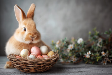 Fototapeta na wymiar The cute red Easter bunny sits next to a basket of eggs and a blooming branch. Easter scene.