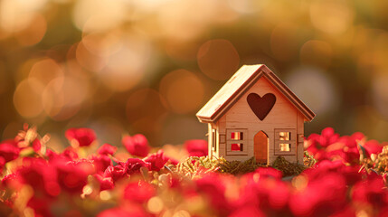 Wooden House Model with Heart Amidst Roses.A charming wooden house model featuring a red heart window, set against a backdrop of vibrant red roses and soft bokeh lighting.