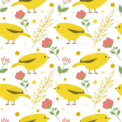 Vector pattern illustration, spring , summer bird ,colorful with flower elements on white background