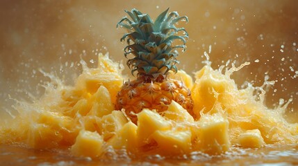 Fresh pineapple splashing into juice, vibrant summer refreshment. dynamic motion, healthy drink concept. vivid colors, close-up view. AI - obrazy, fototapety, plakaty