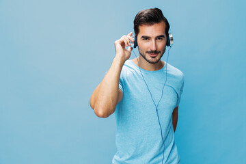 Online man music sing copy happy t-shirt space fun portrait studio headphone