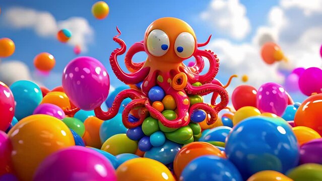 At the balloon animal creation fiesta a clever octopuslike balloon creature triumphantly balances on top of a stack of colorful balloons much to the amazement of the other