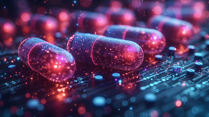 pills on a high technology background - obrazy, fototapety, plakaty