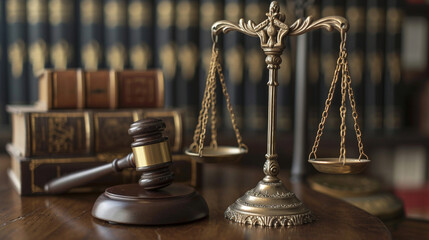 An artistic depiction of the concept of legal justice, showcasing a judge's gavel alongside the...