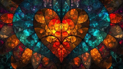 Stained glass window background with colorful heart abstract.