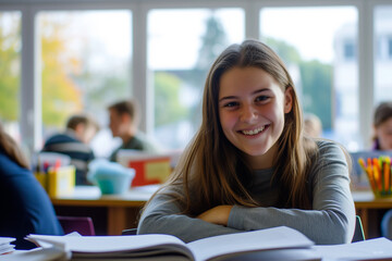 Joyful teenage girl learning in high school classroom, making eye contact with the camera. The image captures a positive and engaged student, radiating happiness and enthusiasm for education.